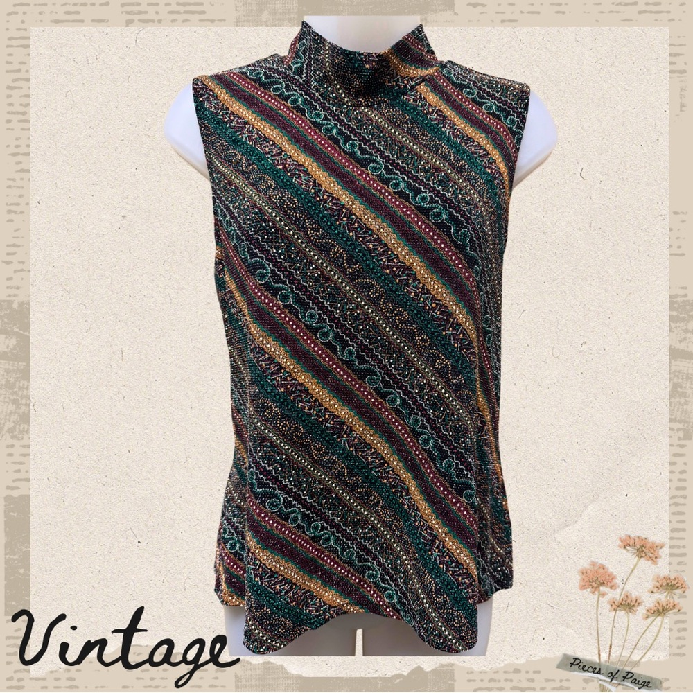 Vintage 90s Glittery Sleeveless Mock Neck Top | Jewel Tones | Size S